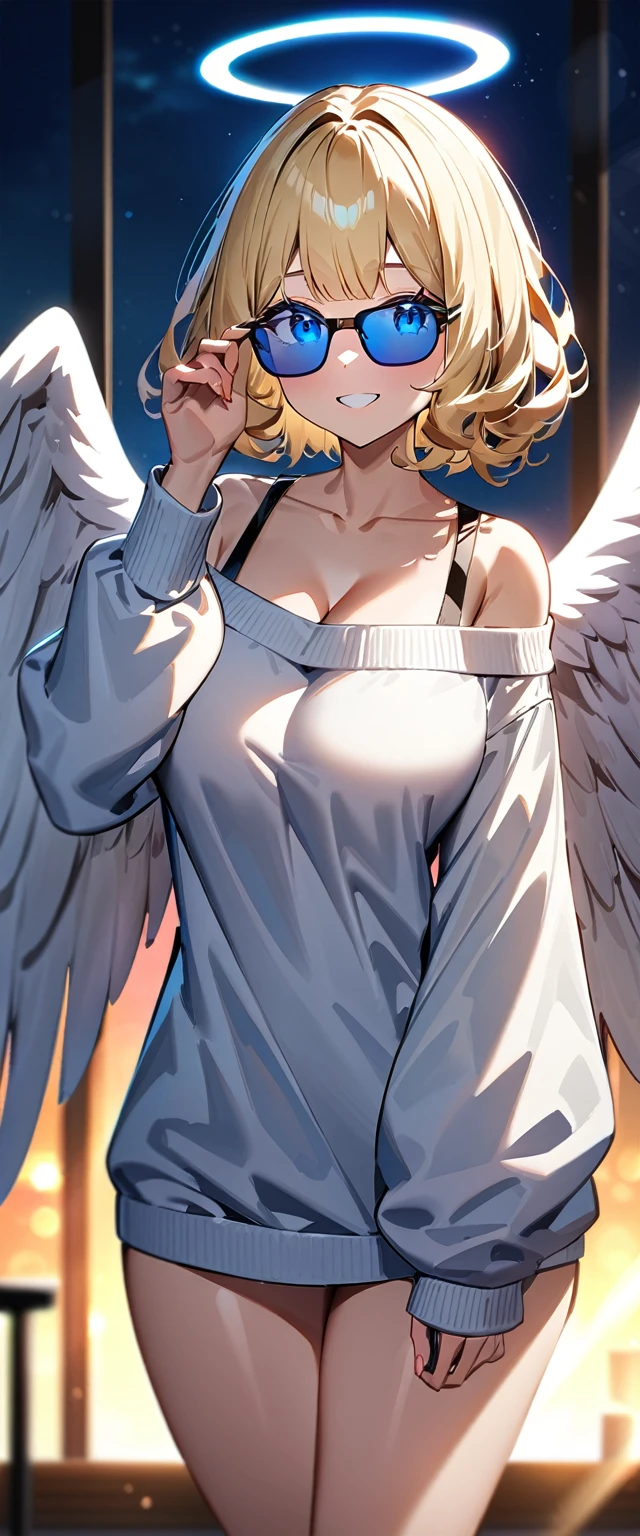 ((angel, big big white wings:1.3, halo:1.3)), ((from behind)), (((sunglasses, hand to sunglasses))), (((cowboy shot))), archangel Uriel, ((wavy hair, inward curled hair)), evening, Sunset, ((blond hair, bob cut:1.3)), big breasts, teenager, (looking at viewer), oversized clothes, puffy long sleeves, cleavage, ((off-shoulder sweater:1.3, Quite thick shoulder straps)), ((white sweater)), collarbone, head tilt:1.3, (((blue eyes))), ((happy smile)), (((anime style))), (best quality, 4K, 8K, highres, masterpiece:1.2, ultra-detailed, ultra-detailed eyes, HDR, uhd, studio lighting, ultra-fine painting, sharp focus, physically-based rendering, extreme detail description, professional, vivid colors, bokeh)