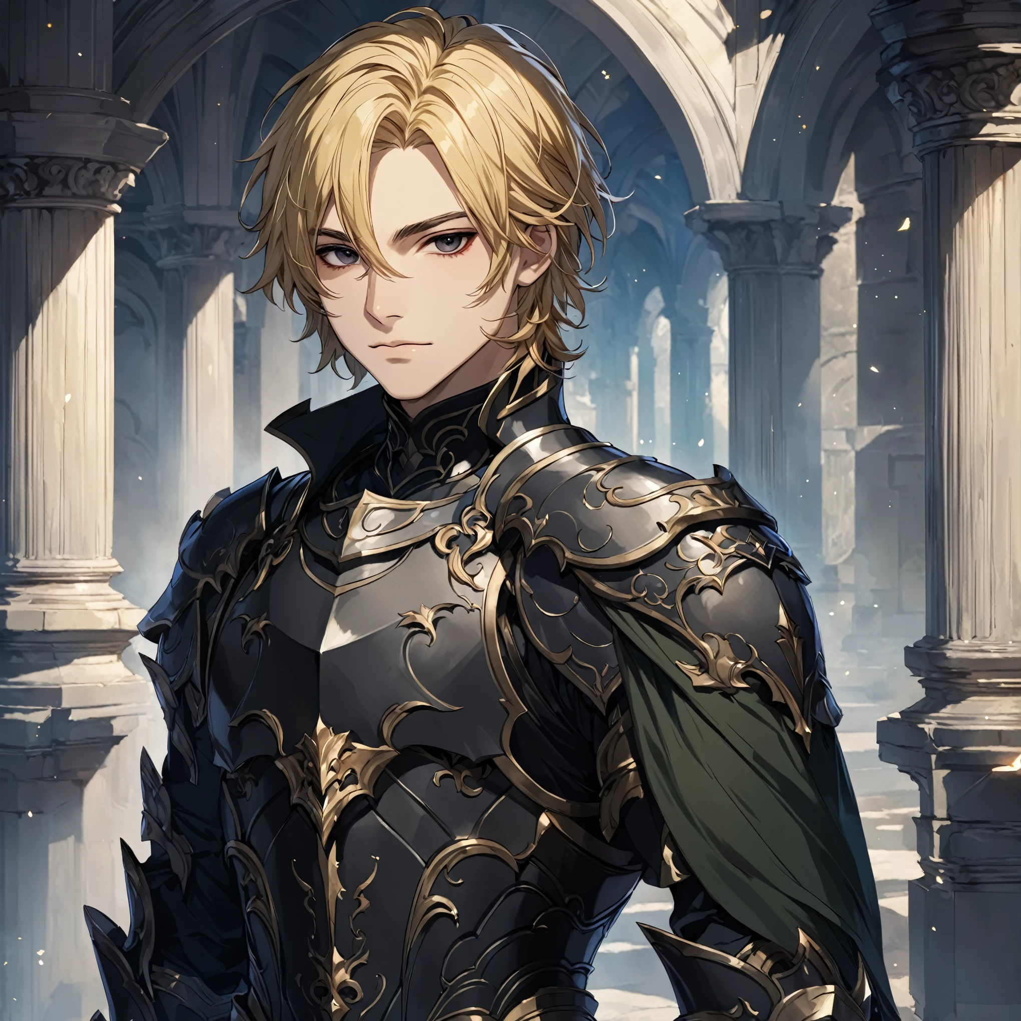 masterpiece, best quality, 1man, adult, male focus, solo, blonde hair, medium hair, vibrant black eyes, looking at viewer, closed mouth, Fantasy aesthetics, Highly detailed, shadowverse style