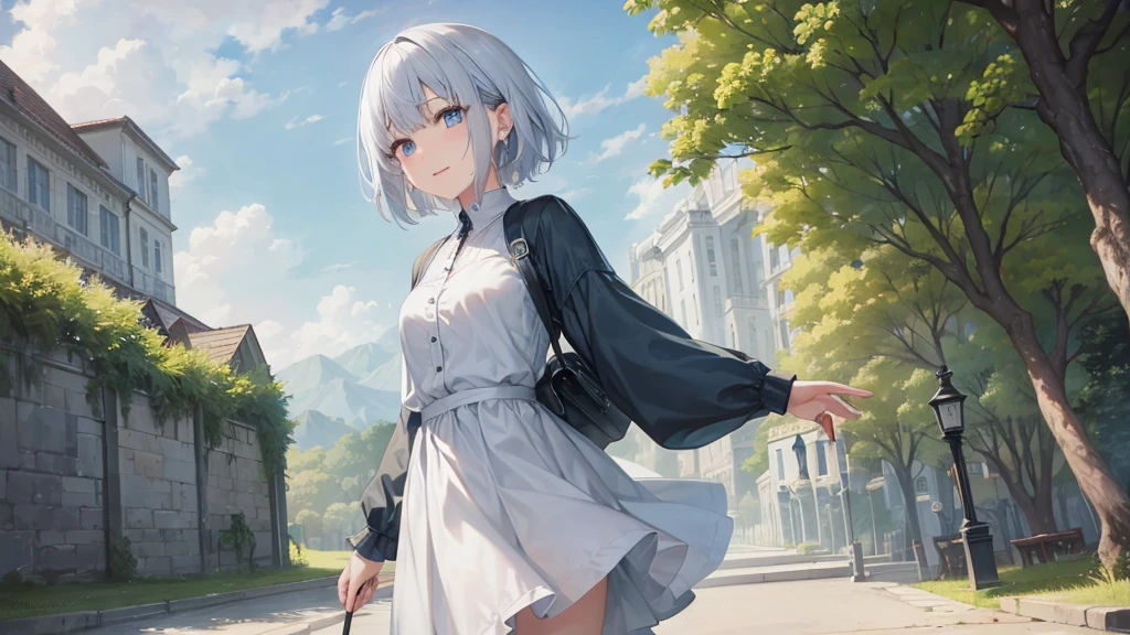 Ultra HD,Look at the viewers, Put your hands behind your back, With a girl, 20-year-old, 非常にShort Hair, Long bangs between the eyes, Pale blue eyes,  Very detailed,(masterpiece、Highest quality),Gray Hair、Laughter、Fantastic, Silver Hair, Iris,  Short hair、 Fluttering Hair、Small Face、明るいsmile、(Detailed face) ,Professional Lighting,Wonderful landscape,blue sky, sunlight,Looking down from above,Portraiture、Open your mouth、Flower Field、Her eyes were shining、Mysterious and enchanting atmosphere。With AI Painting、とてもShort Hair, Long bangs between the eyes, Very detailed,(masterpiece、Highest quality)、alone、Gray Hair、Fantasy, Silver Hair, Fantasyな風景、White shirt、smile、Open your mouth、short hair、Short Hair、hairpin、black eye、Grey Eyes、Beautiful Eyes、