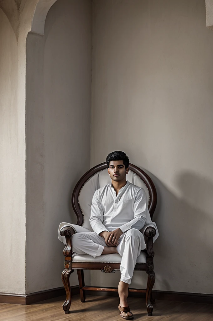 Create realistic image A 21 year old boy is sitting on king chair with white wings and behind him the color of the wall is gray on which Akash
 is written in curve style 