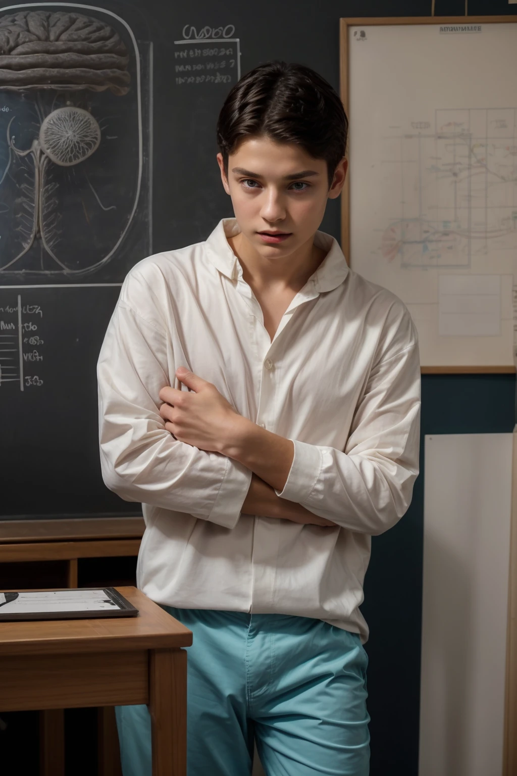 A beautiful young male twink with a face with reddish makeup. He has black hair. He is wearing a white, long-sleeved shirt and aqua blue pants. He is in his scientific office, and behind him is a blackboard on which is written the shape of the brain and its anatomy, accurately and in detail. He looks in amazement and shock.