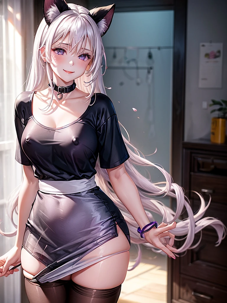 1 woman,beautiful white hair,beautiful purple eyes,Light pink blush,Light Red Lipstick,Facing the camera,Wearing a black T-shirt.,shorts,white skin,Put on a collar,White cat ears,smile a little,Standing in the bedroom in the morning,Put on a bracelet,(8K images),(Light and 4K),Outside the window there are cherry blossoms.,no cat,Wear black stockings,big breasts,Poke nipples