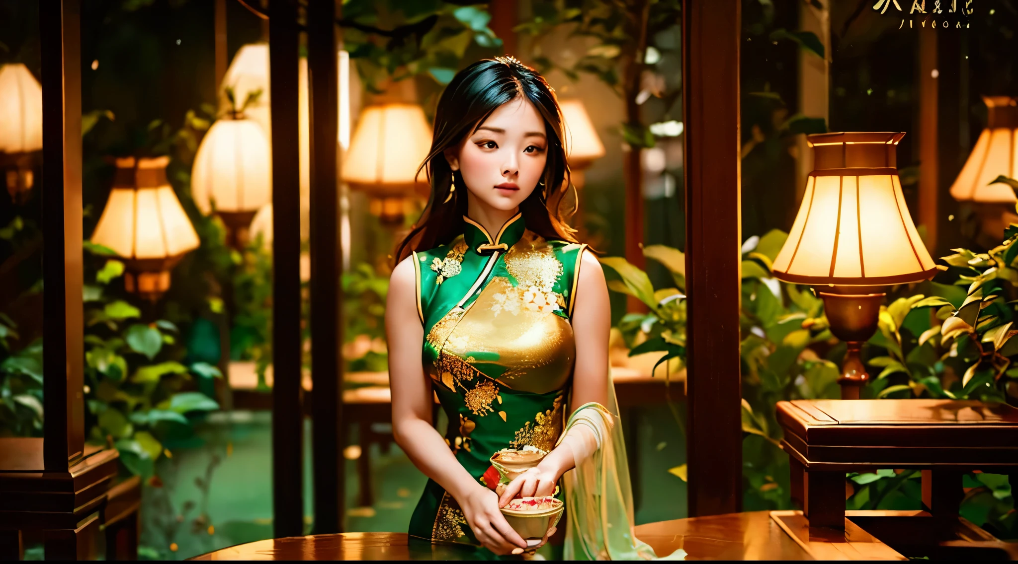 A graceful Chinese beauty, dressed in a flowing qipao of emerald green, intricately embroidered with golden lotus blossoms. The garment hugs her curves in a figure-flattering A-line silhouette, showcasing her elegance and poise. The background is a dimly lit, traditional tea house, imbuing the scene with a sense of nostalgia and tranquility. The composition focuses on her profile, as she gazes thoughtfully into a cup of steaming tea, capturing the quiet moment of introspection.
