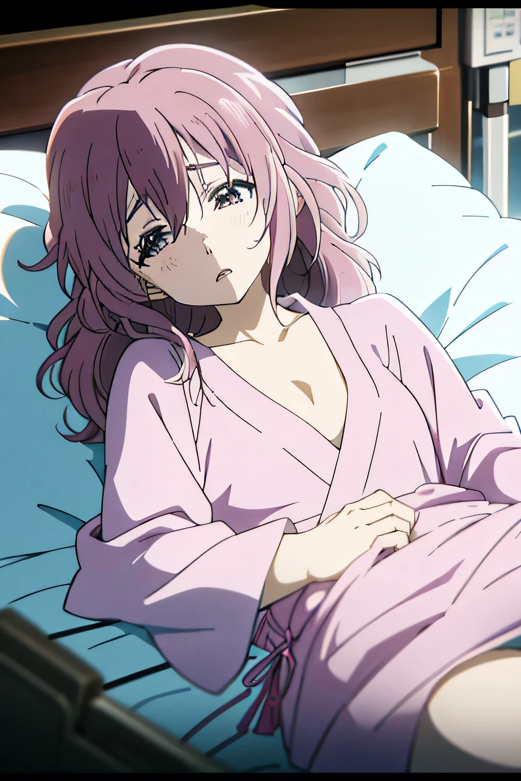 masterpiece，Best quality，1 Girl，Shoko Nishimiya，sad，Breast augmentation，Lying in a hospital bed，Pink hair，White hair，Messy hair，Bathrobe Hospital Gown