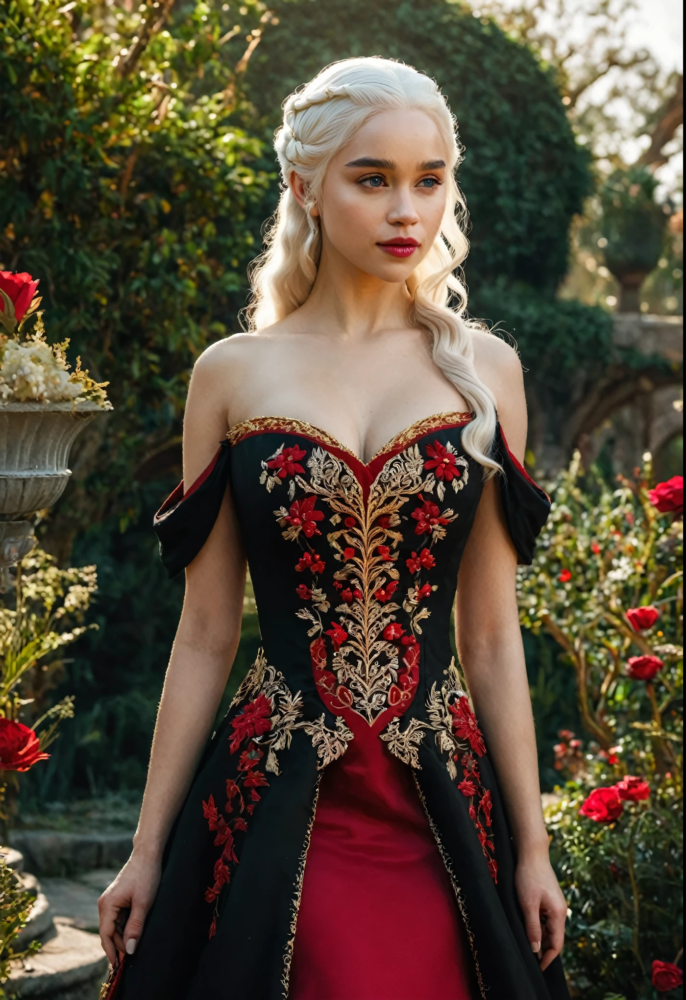 fantasy, Princess Targaryen, full-length, in the garden, a girl with white hair, in a red and black dress embroidered with gold threads of rubies and diamonds, with open shoulders, looks like Daenerys|Natalie Portma, hd