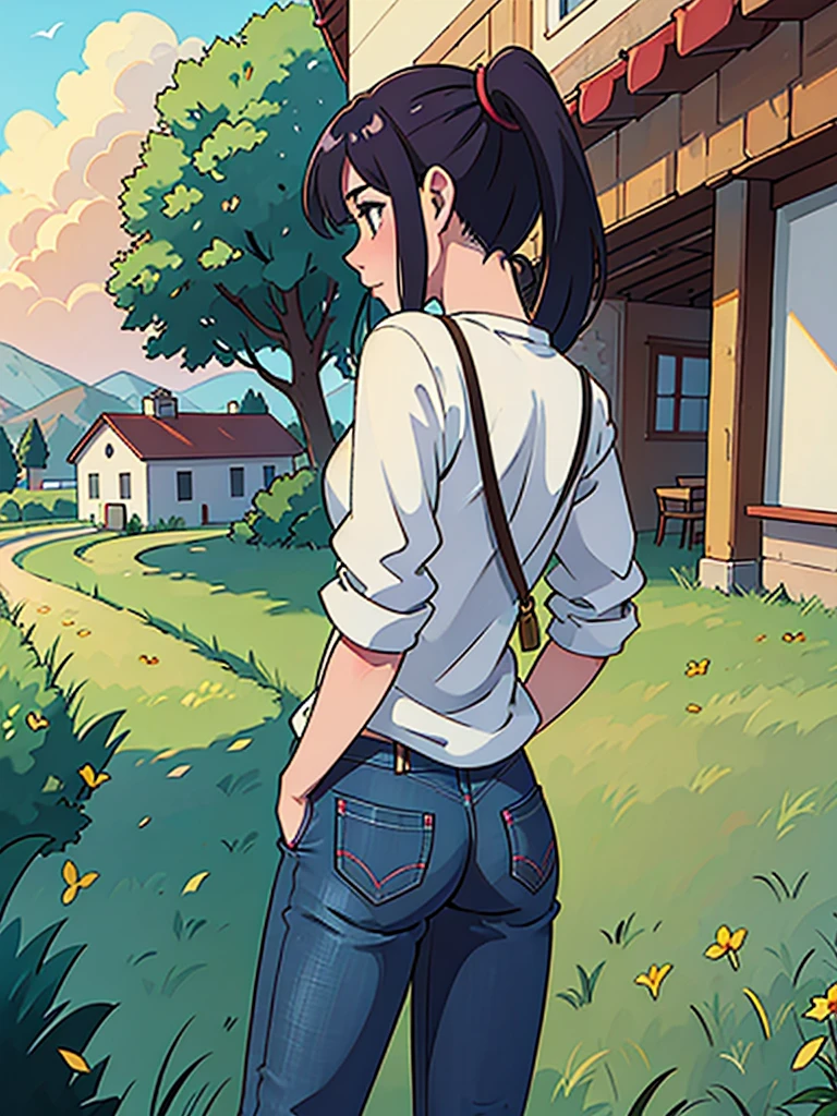 summer, Italy, countryside, Private house, hot day, sunlight, field, Standing Girl, ponytail, Tight jeans, Back view
