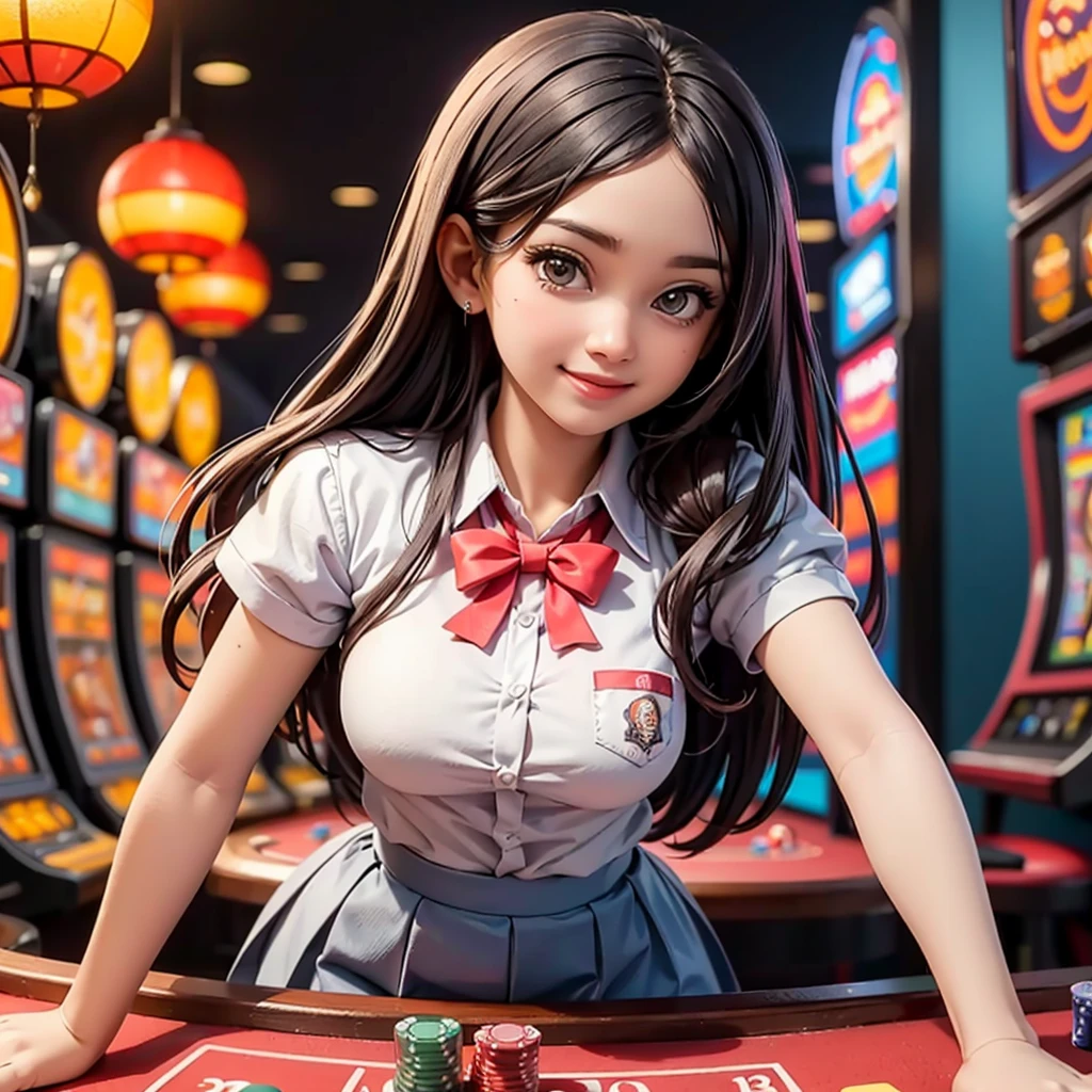happy and smile, {{indonesian girl}}, {wearing high school uniform}, teasing and waiting customer play, standing, playing in casino, red casino background, polite and kind, Sweet Face, roulette table, poker table, big slot machines right and left, win jackpot, {{no headwear, no hat}}, private casino, crowded gambling area in background, so crowded, so many people, las vegas, american, illusions, halloween casino, 