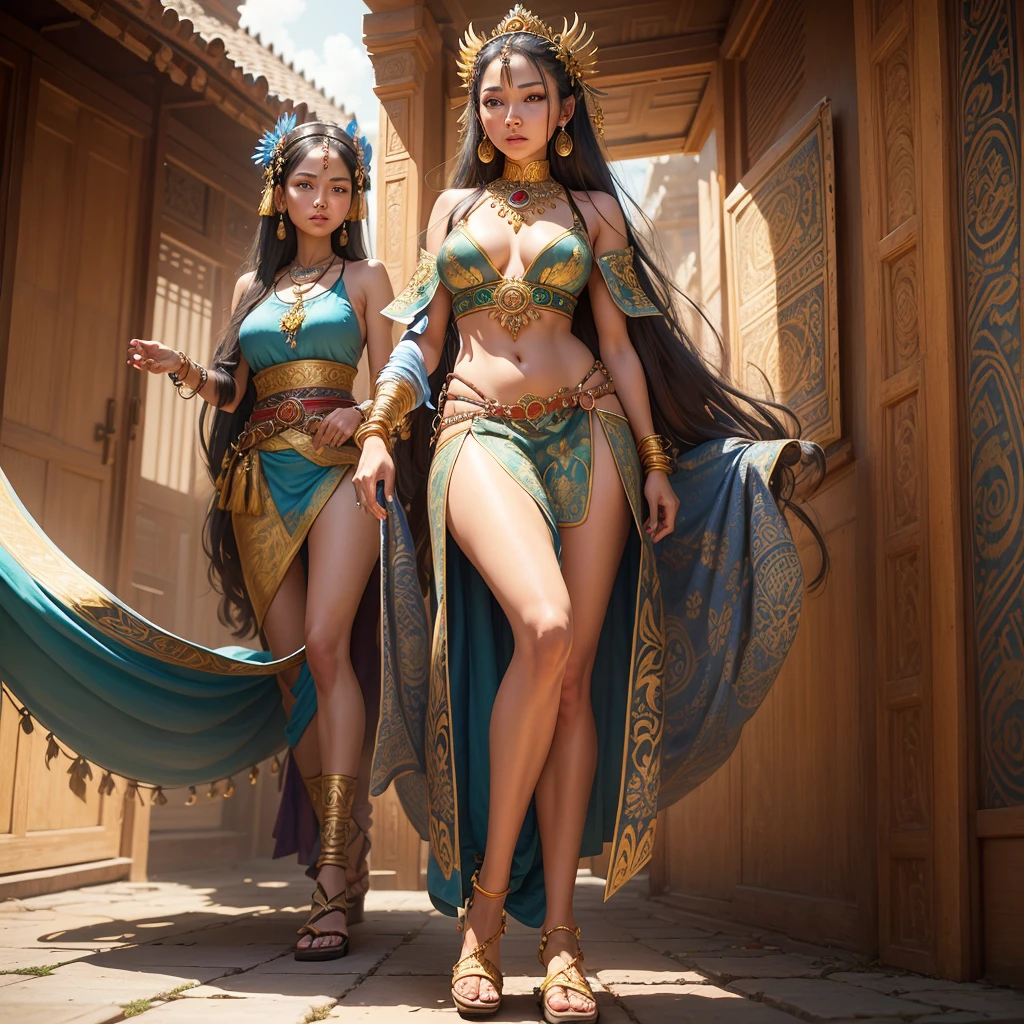 an airbrushed image of a beautiful ancient native Indonesian Javanese woman, long hair tied with a long blue ribbon, wearing a traditional flowing half-breasted kemben with green motifs and a white batik motif jarik cloth typical of the Jogyakarta palace and a unique gold and intricate leather belt, ancient sandals  with straps up to her knees, unique wide gold necklace, she is confident, full view, digital art, background is a luxurious temple courtyard area with bokeh effect, full length single 4k hdr image