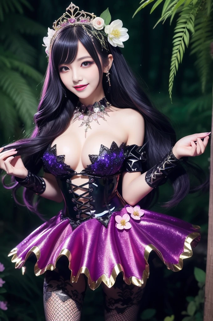 sexy stylish female who controls poison、beautiful smile、lip-gloss、long lashes、dramatic makeup、look at the camera、full body Esbian、、sparkling poisoned enchanted flower costume、、、、shiny sparkling multicolor hair、secrete poison、skull hair accessories、fishnet tights、shiny sparkling dark magic forest background