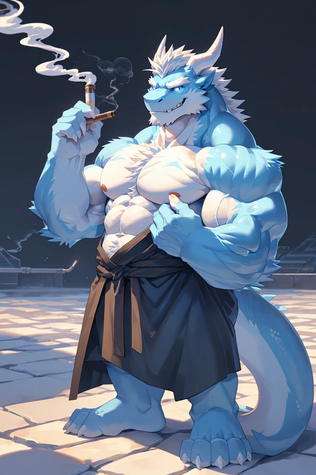 (sfw:1.5), male focus, Handsome 1boy, solitary,protrait photo, single, (White belly, White nails, White Paws, White thick eyebrows:1.4), (Sky blue sideburns:1.1), (Sky blue ears:1.2), Sky blue skin, (Sky blue tail:1.4), (Perfect blue eyes:1.4), (White horn, White dragon horn, White curved corner:1.4), (Sky blue body:1.3), (White chest, White chest hair:1.2), (Sky blue feet:1.4), (Sky blue scales:1.4), (Delicate teeth, Sharp teeth, detailed teeth:1.1), (White hair:1.4),
Chinese dragon, Oriental Dragon, feet, chinese dragon, alligdragontor, dragon boy, dragon body, (evil eyes, big eyes, large eyes:1.4), Dragon Beard, Dragon's foot, Dragon Claw, (Chubby, The body is huge, Larger face:1.3), Human feet, (Four toes:1.4), (Delicate corners, Delicate corners:1.4),
(Chinese clothing, Hanfu:1.4), (Black robe:1.4), (Dark blue pattern on the robe:1.4), (Topless, Bare neck:1.4), ( Clothes hanging at waist:1.4),
(full body:1.3), (Mature men:1.4), (Strong body, muscle,Strong male, muscle男, Bare chest, 裸露的Chest muscles:1.3), (Abdominal muscles, Chest muscles:1.5), (Red nipples, belly button:1.1), (bare arm, Thick arms, Bare legs, Strong and strong legs, Strong legs:1.3), (Standing:1.4), (Looking at the audience, Focus, Eyes gaze:1.2), (arrogant ,charming, charm, grace, courtesy:1.5), (evil smile, evil grin, Smirk, evil smile, Evil smile:1.4), (Blow smoke:1.2), (Pipe in hand:1.4),
full background, (ice, ice窟, arena, maze:1.1),
Mysterious and romantic atmosphere, Caustic lines(refraction, polarization)Perfect anatomical structure, absurd, Detailed background, (Delicate eyes:1.3),Printing style。((artist:Takemoto Arashi))