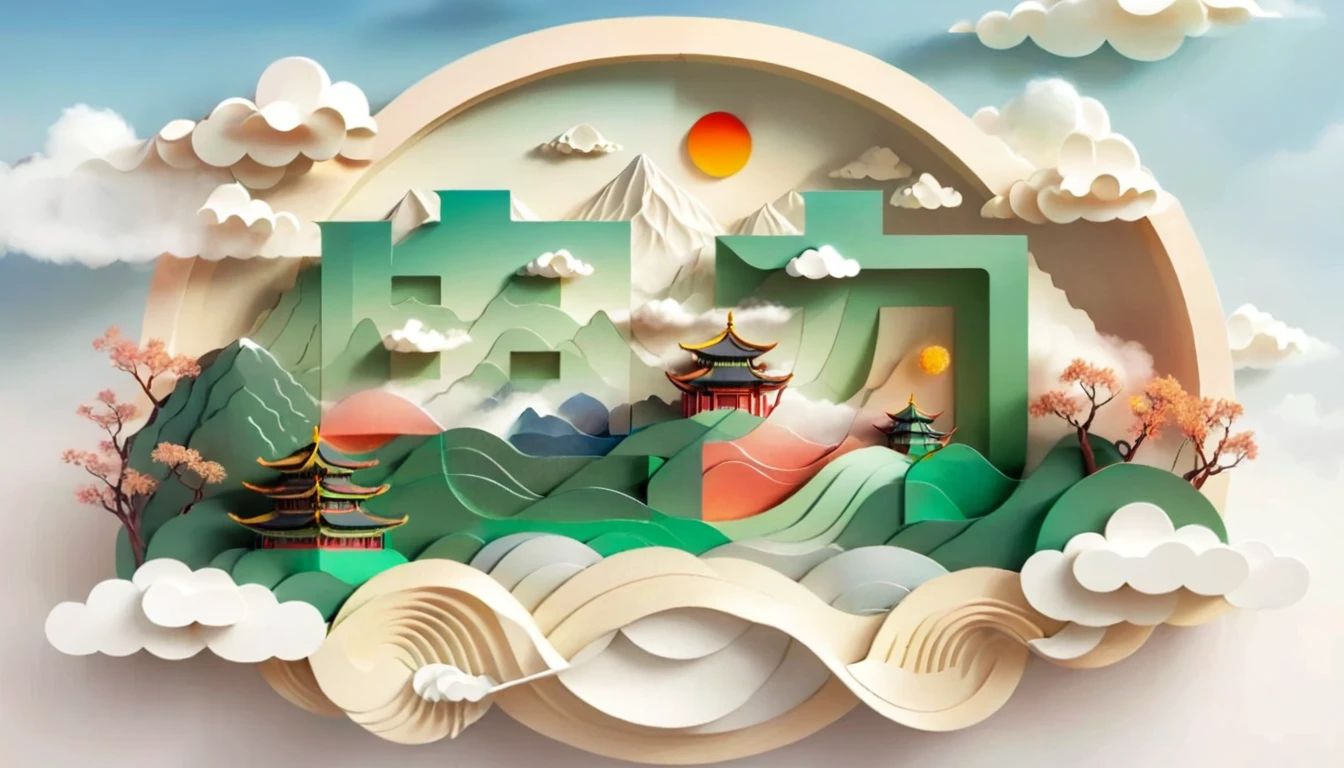 Wind Turbines，Photovoltaic power plants，Solar panels，clouds and mist, Chinese architectural complex, luminous Mountains, outdoor, sky空, Depth of Field, sky, cloud, Tree, No humans, cloudy sky空, landscape, Mountain, architecture, east asian architecture, \(A sun: 1.0\) ,\(Fall:1.8\), FOG, megawatt_Jiezhe, bird, Mountain, Tree, cloud, landscape