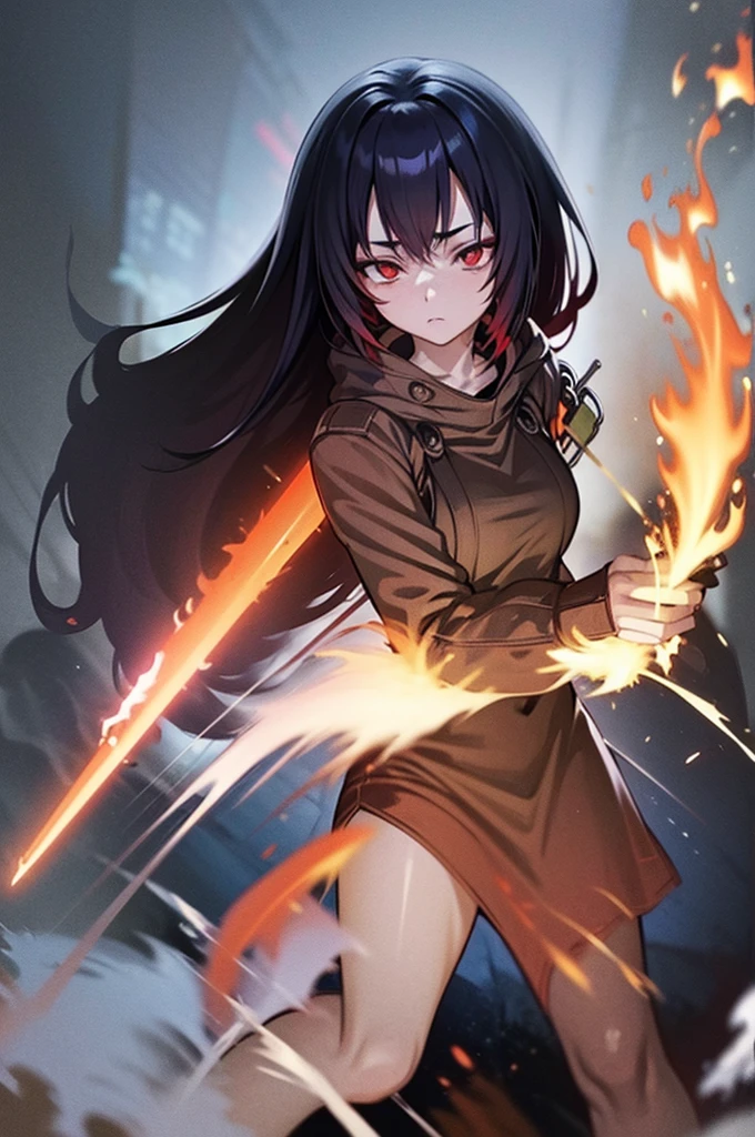 anime girl with red eyes and black hair holding a weapon in a swinging position, she has red glowing eyes, with glowing red eyes, detailed digital anime art, red eyes intense watery black sharp pupils, fully red eyes, luminous red eyes, body surrounded by raging scorching bright red flames, holding a staff like weapon with a crescent blade in a form of a sythe,