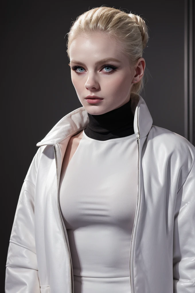 woman pretty, blonde, slicked back bun hair, blonde hair , big breast, sexy, pale skin , ((wearing black turtleneck dress with white jacket )) , doctor woman , eyeliner ,white skin,foxy eyeliner , makeup ,pale woman painting, beautiful light, elegant, digital painting, smooth, dramatic lighting , 8k, art , black background,black background, black wallpaper