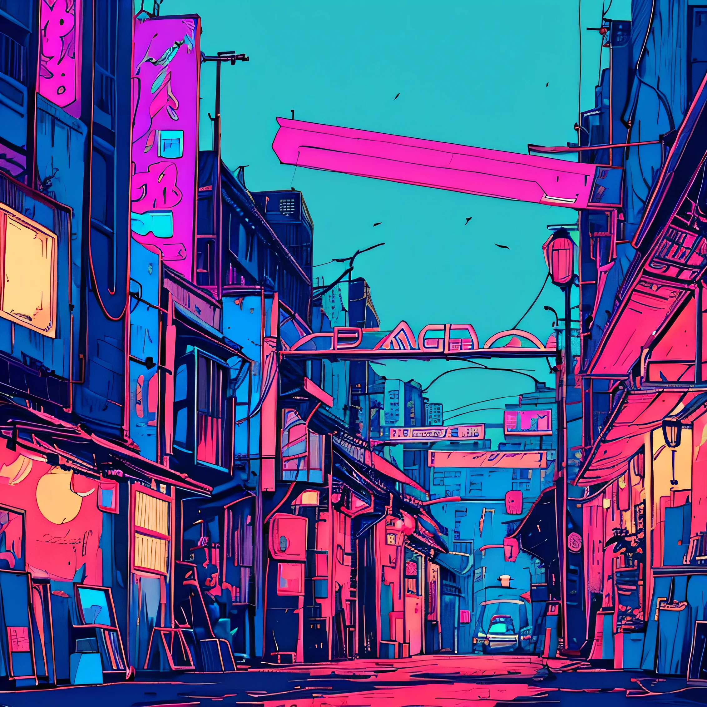 A narrow alley in a sprawling cyberpunk city, neon signs and holograms casting vibrant hues of pink, blue, and purple, Lofi Grandpa sitting on a crate, listening to an old cassette player, surrounded by futuristic skyscrapers and bustling city lights, intricate details like rain-slicked cobblestones, street vendors selling exotic tech, and distant flying cars, lofi hip hop style, deeply atmospheric and slightly melancholic, serene amidst the urban chaos