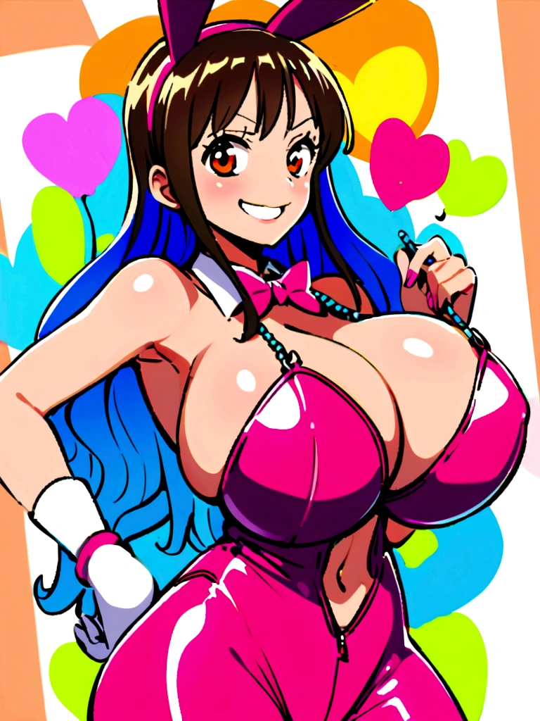 Nami from one piece wearing a bunny suit smiling with huge breast