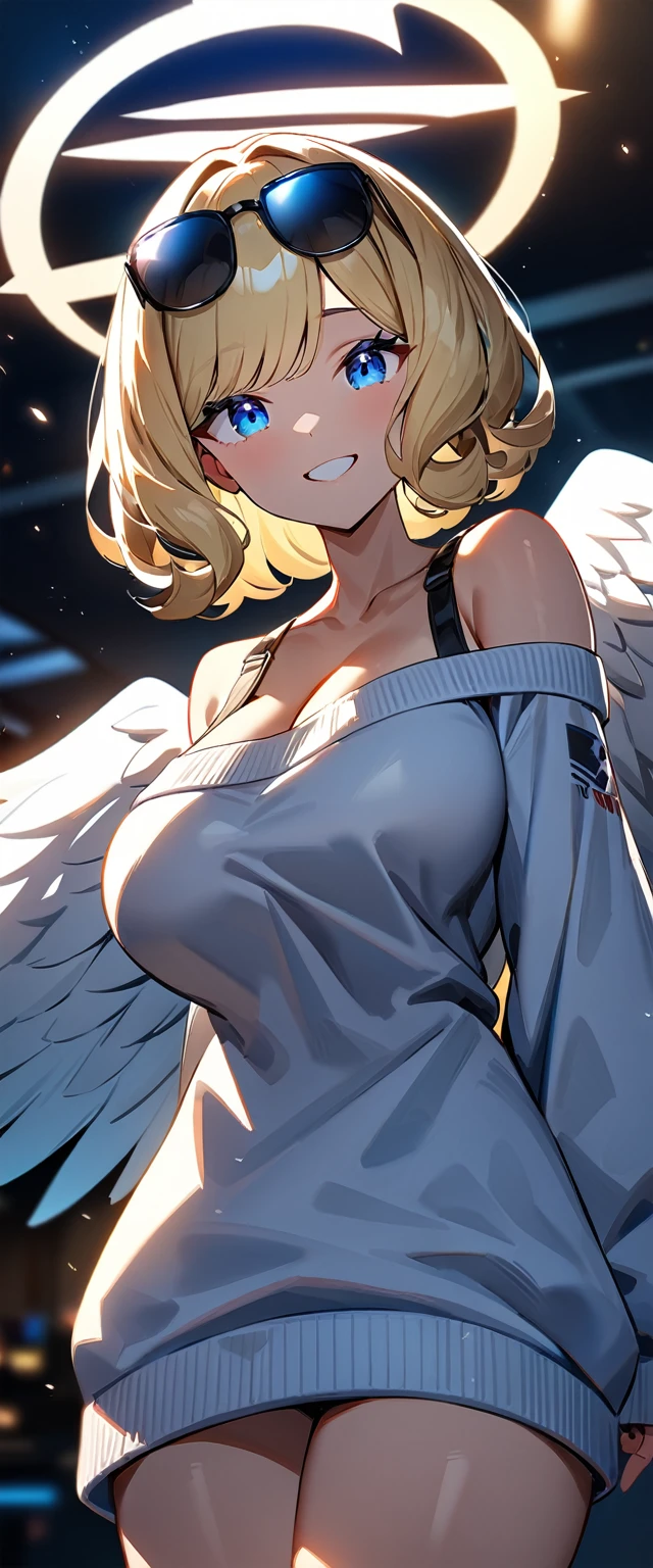 ((angel, big big white wings:1.3, halo:1.3)), ((from below)), (((sunglasses, hand to sunglasses))), (((cowboy shot))), archangel Uriel, ((wavy hair, inward curled hair)), evening, Sunset, ((blond hair, bob cut:1.3)), big breasts, teenager, (looking at viewer), oversized clothes, puffy long sleeves, cleavage, ((off-shoulder sweater:1.3, Quite thick shoulder straps)), ((white sweater)), collarbone, head tilt:1.3, (((blue eyes))), ((happy smile)), (((anime style))), (best quality, 4K, 8K, highres, masterpiece:1.2, ultra-detailed, ultra-detailed eyes, HDR, uhd, studio lighting, ultra-fine painting, sharp focus, physically-based rendering, extreme detail description, professional, vivid colors, bokeh)