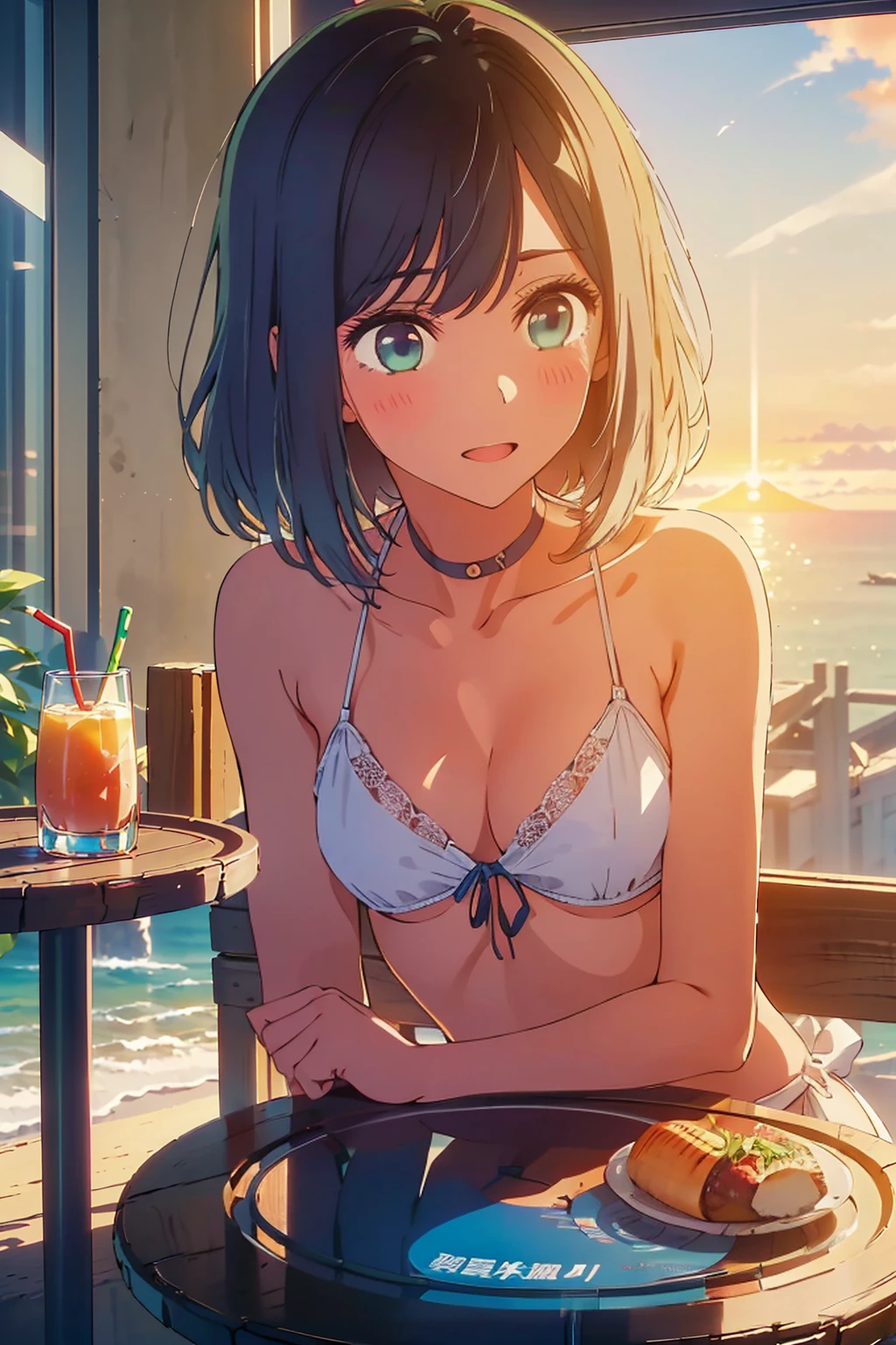 (Highest quality:1.4、masterpiece:1.4、Super detailed:1.4、8K:1.4)、Slim body、((((1 person、Surprised expression、sit、Outdoor café terrace、coastal、juice、table、Sandy Beach、bikini、juiceのグラスを持つ、Big eyes、Shallow depth of field、Very cute face))))、(((sunset、Sunset)))、(((bikiniサイズは小さい)))、F cup bust、Big Breasts、Get up close and take a photo、bikiniを脱ぐ