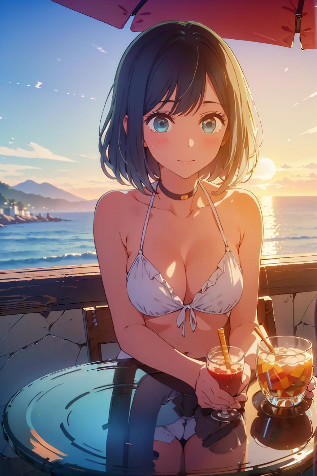 (Highest quality:1.4、masterpiece:1.4、Super detailed:1.4、8K:1.4)、Slim body、((((1 person、Surprised expression、sit、Outdoor café terrace、coastal、juice、table、Sandy Beach、bikini、juiceのグラスを持つ、Big eyes、Shallow depth of field、Very cute face))))、(((sunset、Sunset)))、(((bikiniサイズは小さい)))、F cup bust、Big Breasts、Get up close and take a photo、bikiniを脱ぐ