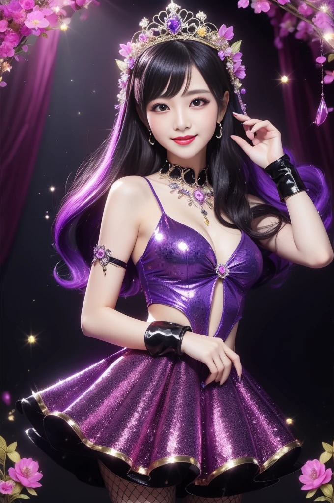 sexy stylish princess who controls poison、beautiful smile、lip-gloss、long lashes、intense makeup、look at the camera、full body Esbian、、sparkling poisoned flower costume、、、、shiny sparkling multicolor hair、secrete poison、skull hair accessories、fishnet tights、shiny sparkling dark magic forest background