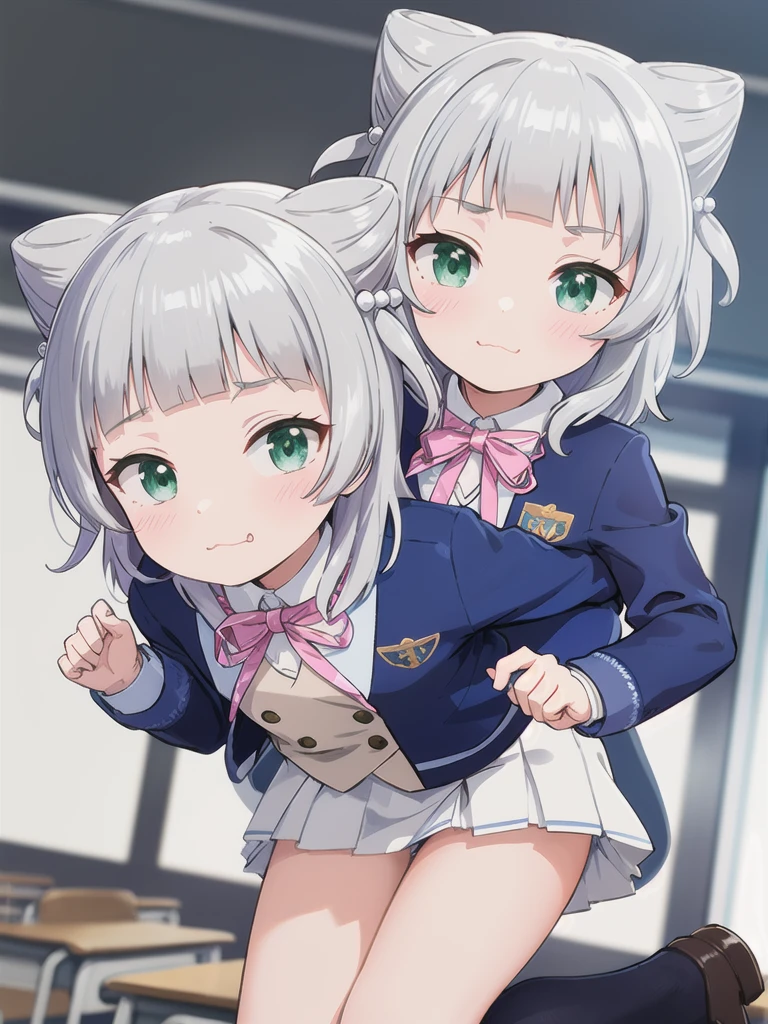 indoor,((classroom)), Green Eyes, Grey Hair, hair ornaments, bangs, Virtual YouTuber, blunt bangs, Double Bang, Animal ears, Flat Chest,uniform,Grey Skirt,Pink Panties,blush,1boy,,Spanning the shoulders,Hetero