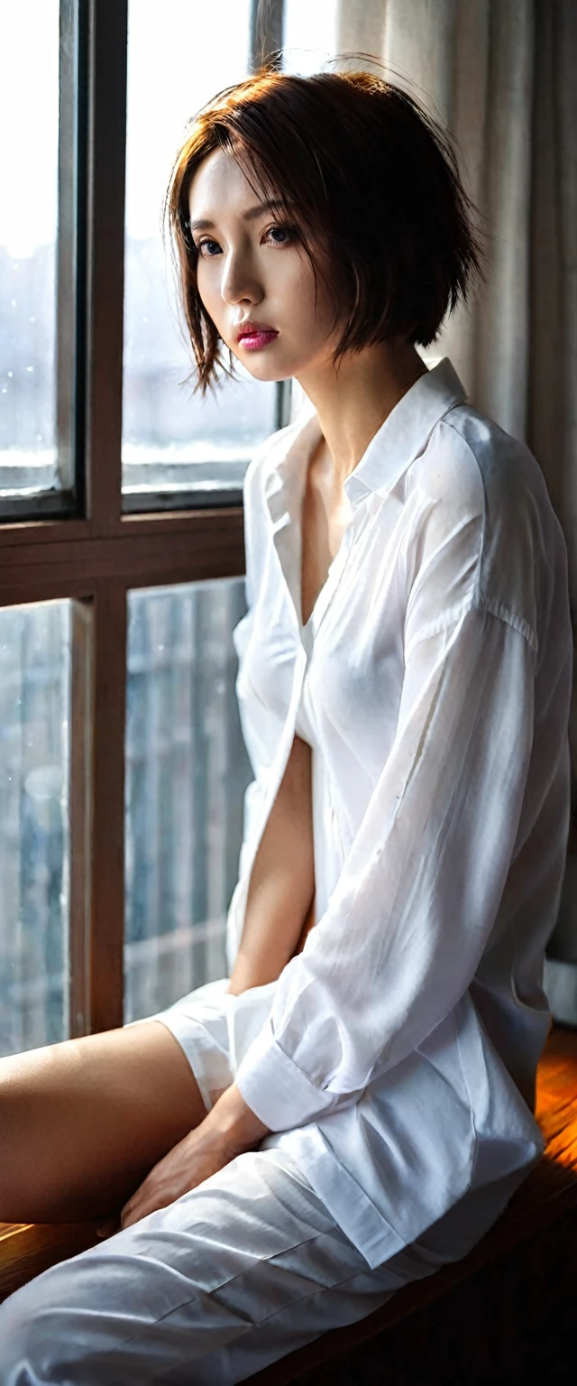 Preety (japanese Russian) woman, short dark brown hair,white skin,sit near window, only wear loose white shirt, her face is sad, sexy pose, dramatic morning light came from window,realistic picture
