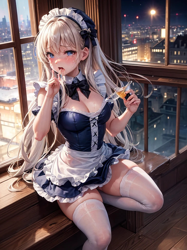 Highest quality,Highest Resolution,A crying beauty in a maid leotard,Tears,(((Open your mouth wide and spit a lot))),Drink a drink,Bedroom,Night view outside the window,Super High Leg,Tback,whole body,Very beautiful eyes,Sweating profusely,Knee-high stockings,