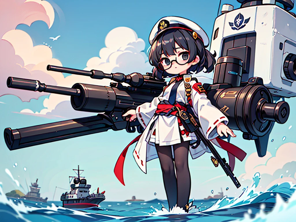 (((masterpiece, Vision))), ((((Full body of a woman with perfect flat chest、1 Female、solo、Short unkempt black hair、Tie your messy hair at the nape of your neck、white military jacket、Miko costume、black tights、Black glasses、White military cap、Cloudy black eyes、Confused eyes、Junyo-inspired emblem)))), (((Shipgirl))), ((Floating on the morning sea with both feet)), (Standing with your legs apart), (Hold the shotgun turret grip with your right hand), (Equipped with a large caliber turret with a mechanical arm extending from the waist), (Equipped with a turret on the back), (His left arm holds the grip of a triple machine gun), Shotgun shell in left arm, Bullet belt on thigh, Spreading the Machine's Wings, 2. Machine Tail, Naval base in the background,