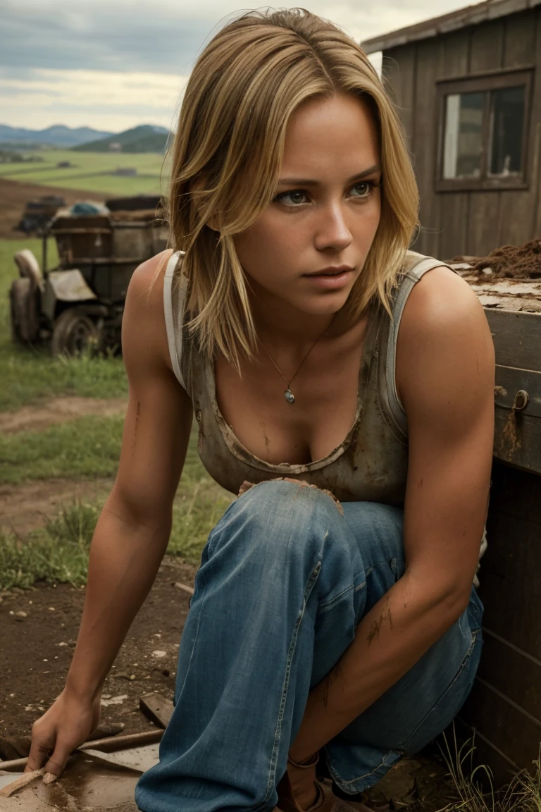 Hyperrealistic close-up photo of 20 years old Maria Bello,, Masterpiece, Best Quality, (photorealistic:1.4), whole body, she is dirty, Good dirty, dirty pants, Depicts a rural landscape in the rustic style of the game's concept art.. This work should evoke a feeling of abandonment and despair in a futuristic environment., post-apocalyptic world. Notice the intricacies of the detail., The sharp focus. cinematic light, beautiful woman, Skinny, small breasts, straight blonde hair, detailed face, photo taken from a distance, She is sitting on the floor, she is very tired