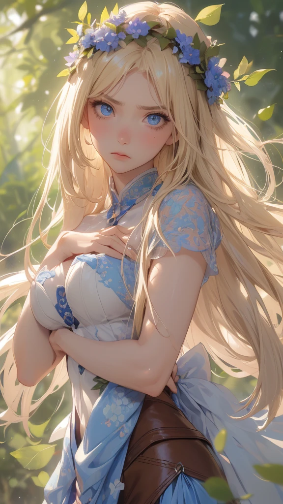 (angry expression), ( frown ) work of art, ultra creative, epic details, ultra detaild, best resolution, Woman, archer, blonde, (Beautiful nymph), ( robust wreath of leaves and pink and blue flowers), sculptural body, (brown clothes made of leather), ((perfect hands))), scenario:Enchanted Forest), no mistakes, (((epic details na face))), (((ultra perfect eyes)))