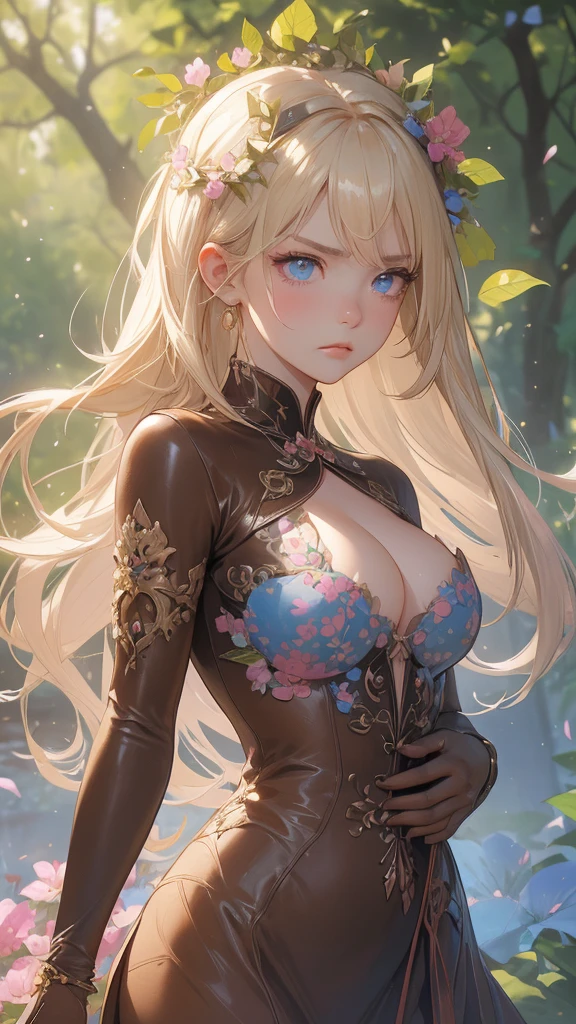 (angry expression), ( frown ) work of art, ultra creative, epic details, ultra detaild, best resolution, Woman, archer, blonde, (Beautiful nymph), ( robust wreath of leaves and pink and blue flowers), sculptural body, (brown clothes made of leather), ((perfect hands))), scenario:Enchanted Forest), no mistakes, (((epic details na face))), (((ultra perfect eyes)))