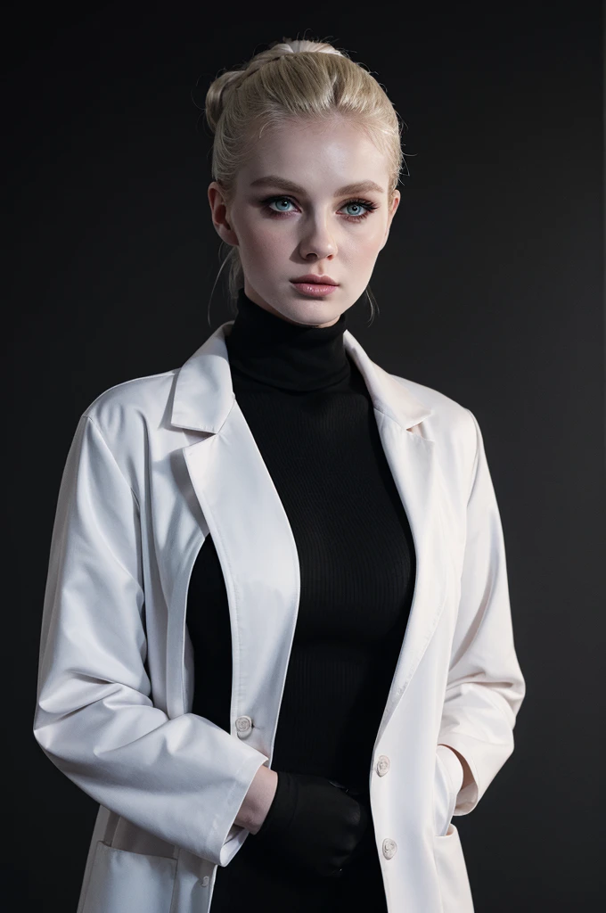 woman pretty, blonde, slicked back bun hair, blonde hair ,pale skin , ((wearing black turtleneck dress with doctor jacket )) , doctor woman , eyeliner ,white skin,foxy eyeliner , makeup ,pale woman painting, beautiful light, elegant, digital painting, smooth, dramatic lighting , 8k, art , black background,black background, black wallpaper