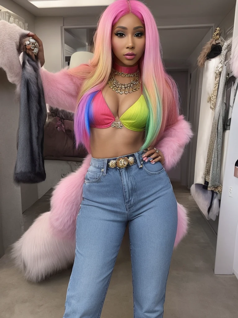 Nicki Minaj rainbow hair, pink fur bra, long jeans, big necklace