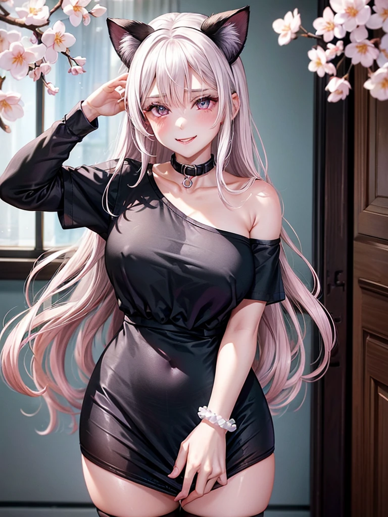 1 woman,beautiful white hair,beautiful purple eyes,Light pink blush,Light Red Lipstick,Facing the camera,Wearing a black T-shirt.,shorts,white skin,Put on a collar,White cat ears,smile a little,Standing in the bedroom in the morning,Put on a bracelet,(8K images),(Light and 4K),Outside the window there are cherry blossoms.,no cat,Wear black stockings,big breasts,