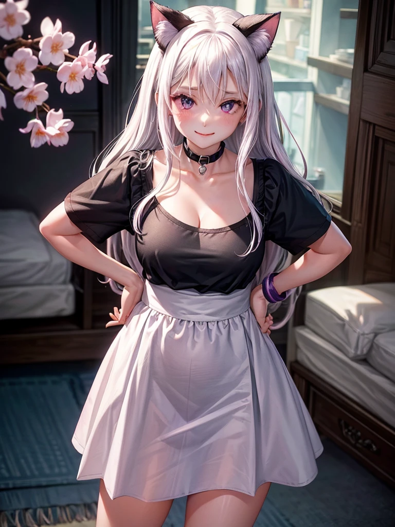 1 woman,beautiful white hair,beautiful purple eyes,Light pink blush,Light Red Lipstick,Facing the camera,Wearing a black T-shirt.,shorts,white skin,Put on a collar,White cat ears,smile a little,Standing in the bedroom in the morning,Put on a bracelet,(8K images),(Light and 4K),Outside the window there are cherry blossoms.,no cat,Wear black stockings,big breasts,Poke nipples