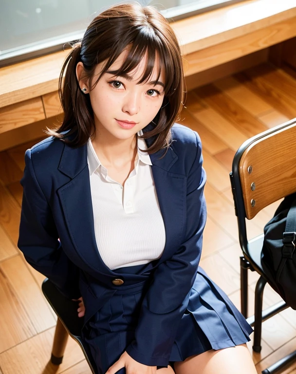 ((masterpiece)),(((best quality))),thin thighs,long legs,girl standing in school,red tie uniform,dark blue blazer,blue plaid skirt,18 years old,forehead,small smile,random pause，Pretty Woman，slim girl，