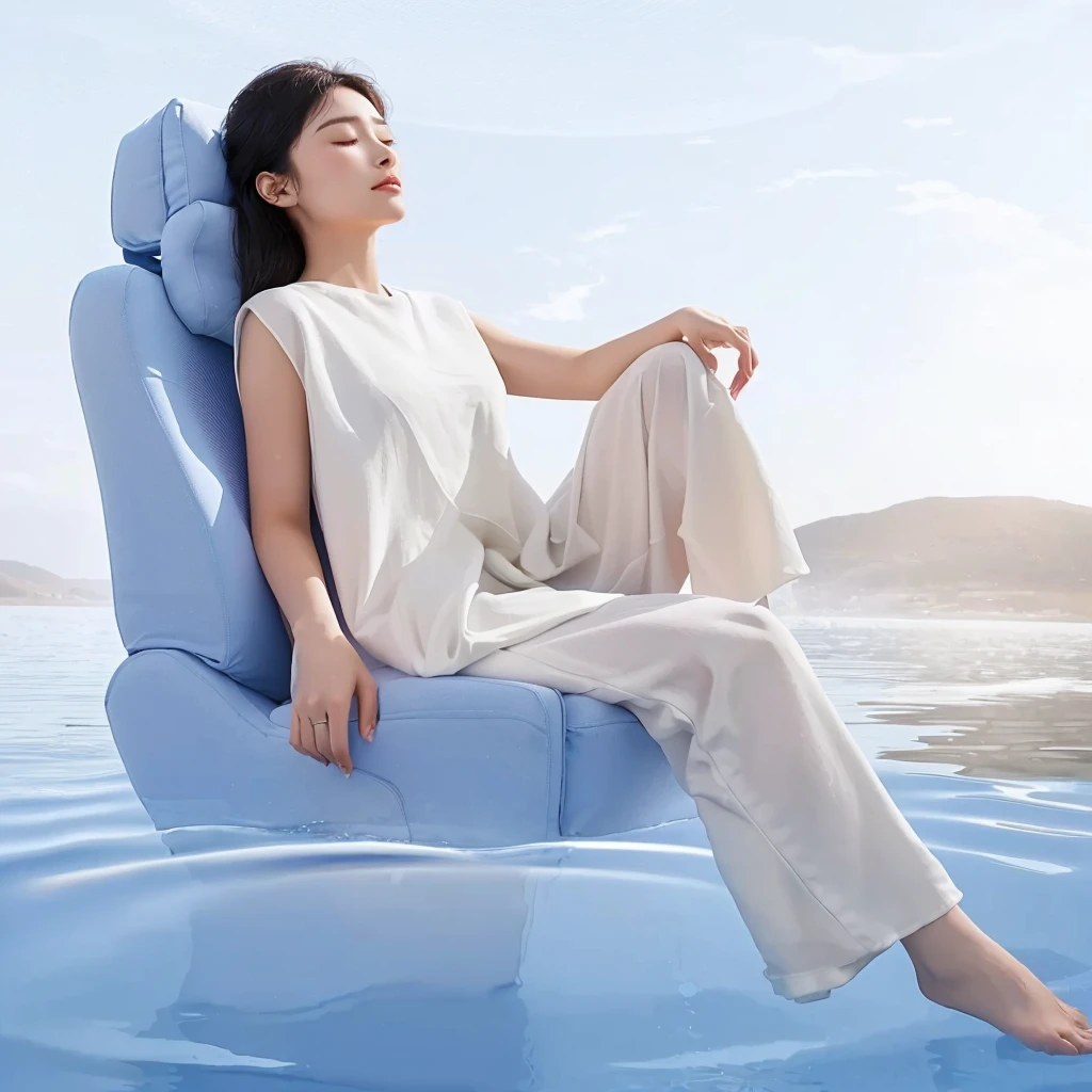 A woman sits on a blue chair in the middle of the water, Closed eyes，Comfort and relaxation，High-resolution details，Ergonomics，grace