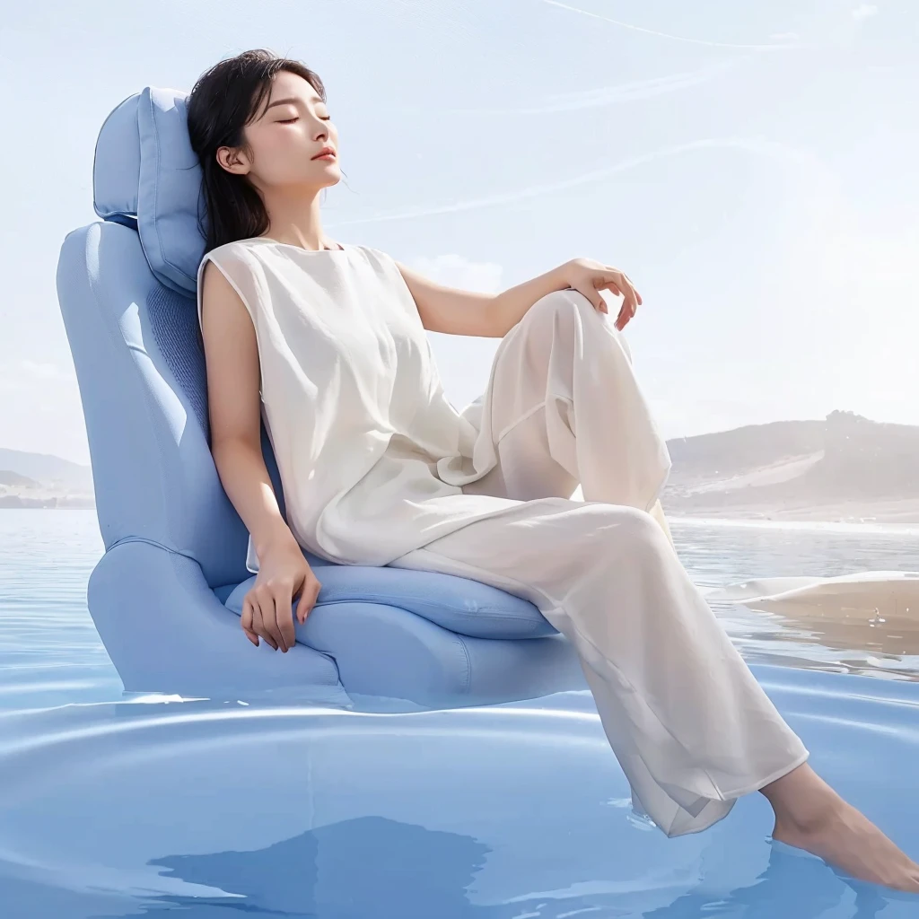 A woman sits on a blue chair in the middle of the water, Closed eyes,Comfort and relaxation,High-resolution details,Ergonomics,grace
