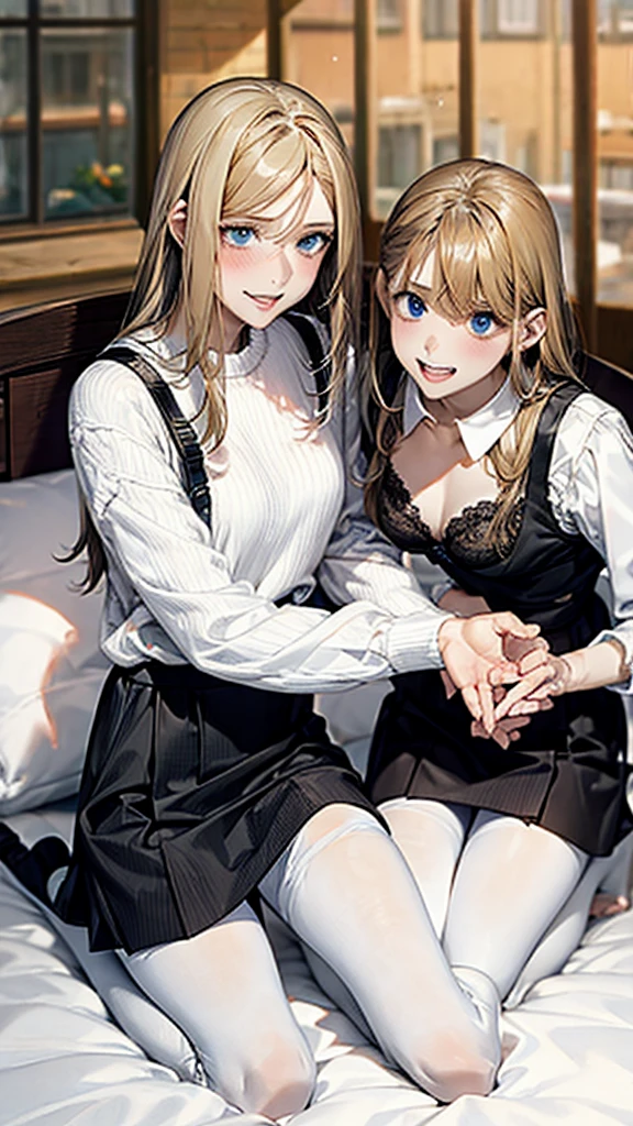 Two girls,skirt,blond hair,SFW:2.0,bra,On the bed,All fours,back,wet pantyhose