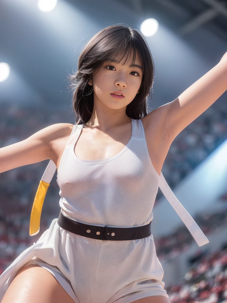 ((super tight white uniform)), wristband, (((a flashy costume with a bizarre pattern))), ((elbow Support)), ((knee support)), expensive, 
((in the ring)), ((spotlight)), (((big stadium))), 
female professional wrestler, fighting pose, 

(black hair), (medium hair), (much hair), (thin eyebrows), (smaller face), 
(curvy), (small breast:1.6), (skinny arms), (skinny), (whitening skin), (fine skin), 

smile, 
(cowboy shot), (from below), 
detail face, (photorealistic:1.4), ultra high res, best quality, ((detailed facial features)), 8k resolution,
