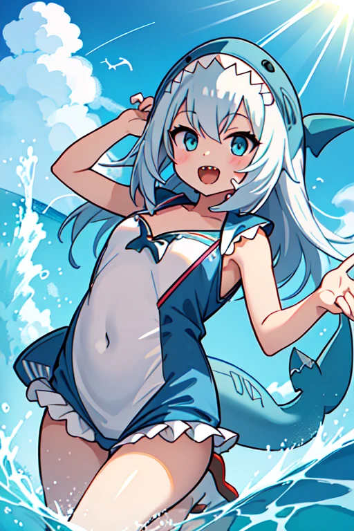 uhd, high quality, high details, 1 Girl, solo, (Shark costume:1.4), Shark tail fin, Seaside, Sandy Beach, Wave, sun, Jump, smile, Waveしぶき, Light tones, Reflection of light, summer