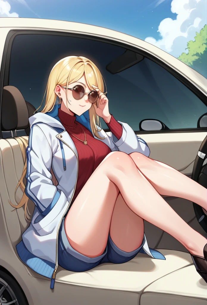 Round sunglasses　Black long food coat　Blue and gold hair, sitting in a car