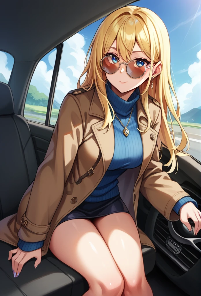 Round sunglasses　Black long food coat　Blue and gold hair, sitting in a car