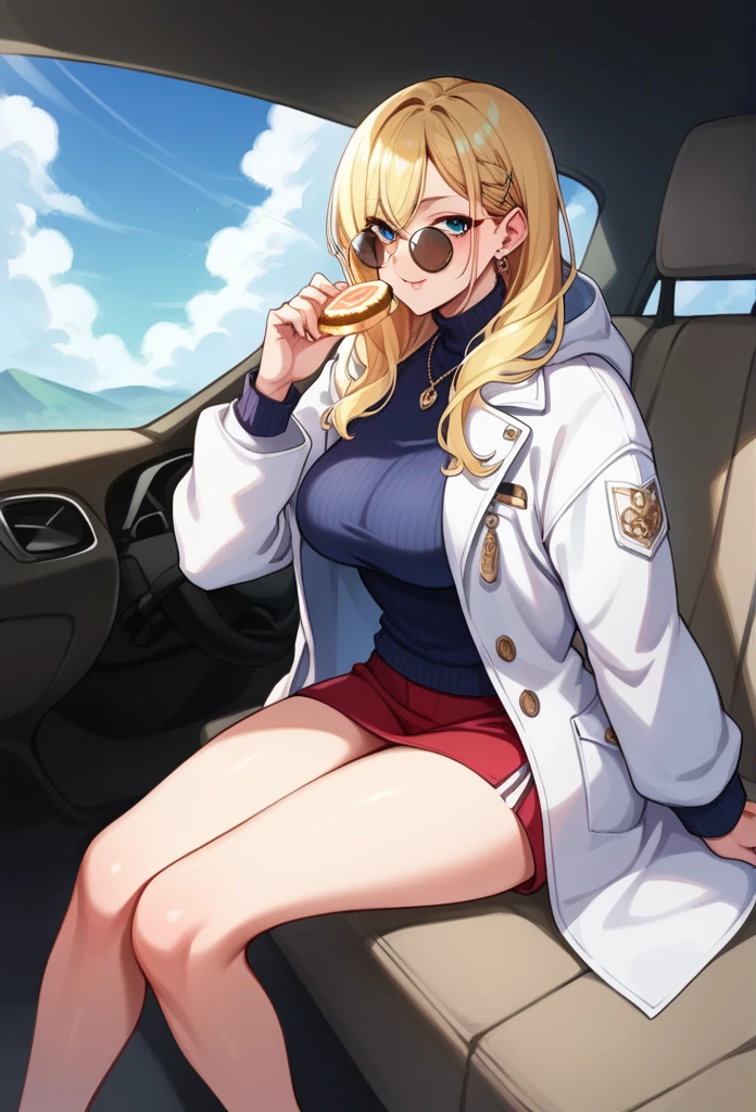 Round sunglasses　Black long food coat　Blue and gold hair, sitting in a car