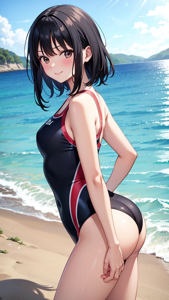 One piece type competitive swimsuit　Black Hair Semi-Long　blush　smile　Great style