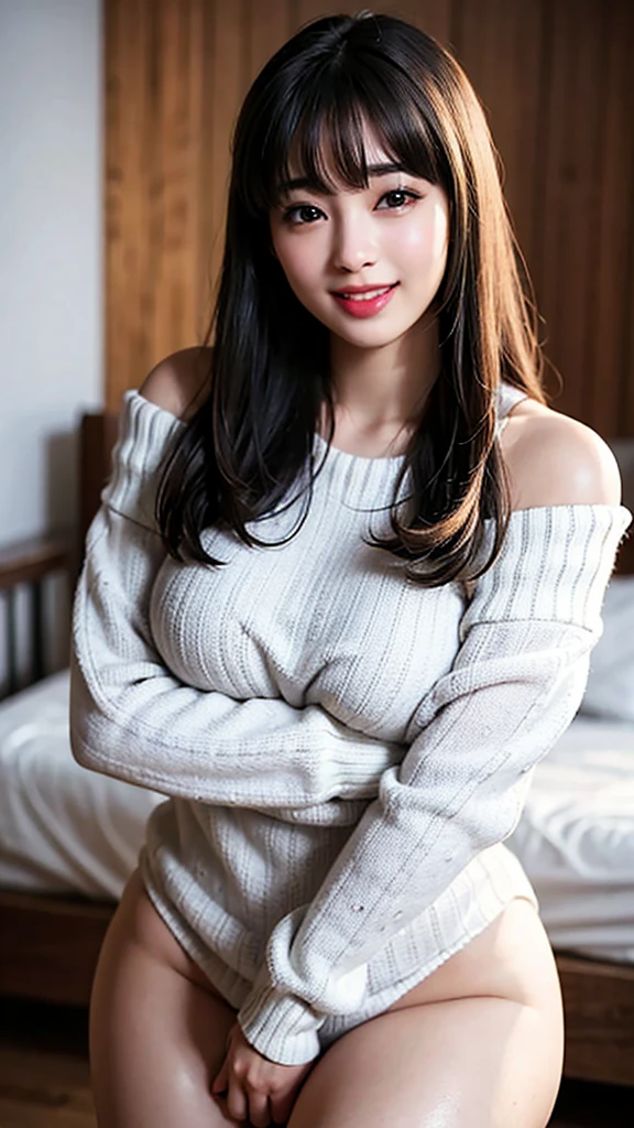 Gal、Highest quality,8K,High resolution、Mystical Eyes、Are fat、fat、Fair skin、Very sexy、goddess、Large Breasts、Blur the background、smile、laughing、LOL、Provocative face、alone、Shiny Hair、Blondeの超ロングヘア、Curly perm、Blonde、I have a protruding belly、Plump、Voluptuous、Indian、Pompadour、Has bangs、Bangs fall on the forehead、White off-the-shoulder knit、White off-the-shoulder sweater、Heavy makeup、Heavy makeup、 for it!、Very erotic、Sheer panties