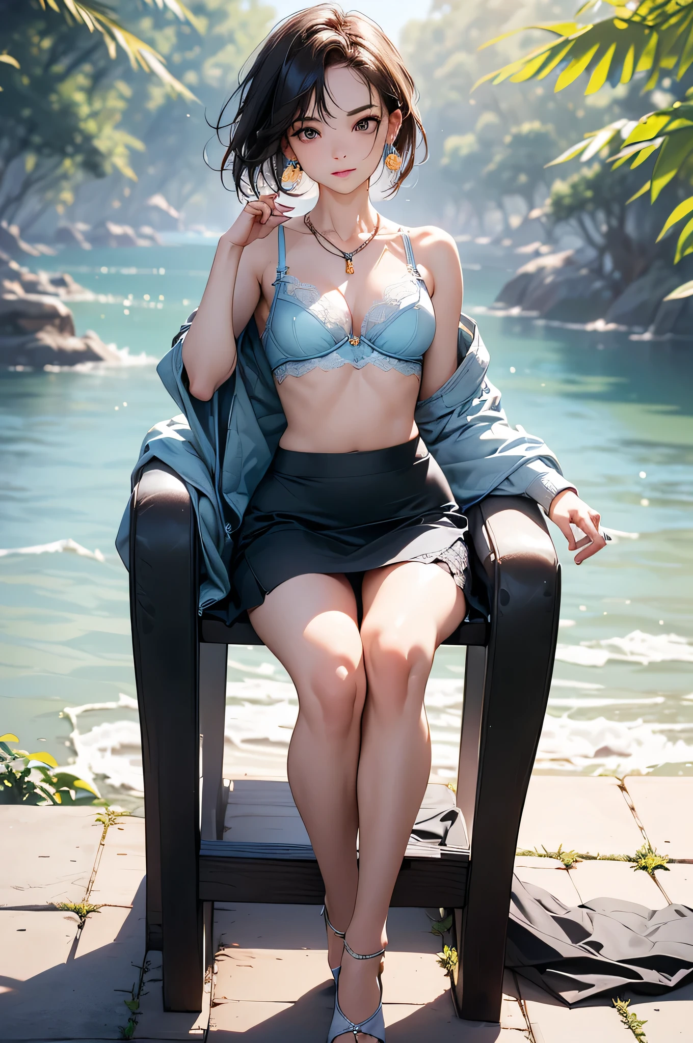 ((Biologically correct limb count)),((Natural finger shape)),((Full Body Shot,Including face)),Standing position,4K,masterpiece,((Focus on the face)),((Symmetrical facial features)),Eye for detailed depiction,Beautiful woman,Excellent style,Beautiful feet,(Small Ass,Thin thighs),(Patterned black stockings,High heels),Facial detailing,Small earrings,necklace,Low angle photo,((Light blue lace bra and lace panties,Lifting the skirt to reveal panties)),Park scenery on a holiday morning,Strong sunlight,(((A facial expression of pleasure))),(((Lean your body back and sit on the ground))),((Hands lifting from under your chest)),(Face the camera),Photograph the side of the body,focus on the crotch,Long blonde
