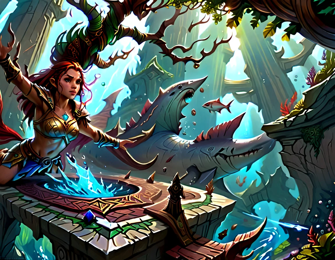 , a wide angle picture of a female human druid swimming along her pet shark, priest of underwater nature, cleric of underwater nature, art full body, ((anatomically correct)), dynamic position (intricate details, Masterpiece, best quality: 1.5) talking to a shark (intricate details, Masterpiece, best quality: 1.5) under the sea (intricate details, Masterpiece, best quality: 1.5), a human woman wearing scale armor ((intricate details, Masterpiece, best quality: 1.4) leather boots, armed with a sword, GLOWING WEAPON, thick hair, long hair, brown hair, tan skin intense brown eyes, undersea background (intense details), night undersea( (intricate details, Masterpiece, best quality: 1.5)high details, best quality, 16k, RAW, (ultra detailed: 1.5), masterpiece, best quality, (extremely detailed), dynamic angle, ultra wide shot, RAW, photorealistic, fantasy art, rpg art, realistic ), dynamic angle, (intricate details, Masterpiece, best quality: 1.5)), high details, best quality, highres, ultra wide angle, drkfntasy, DruidMagicAI