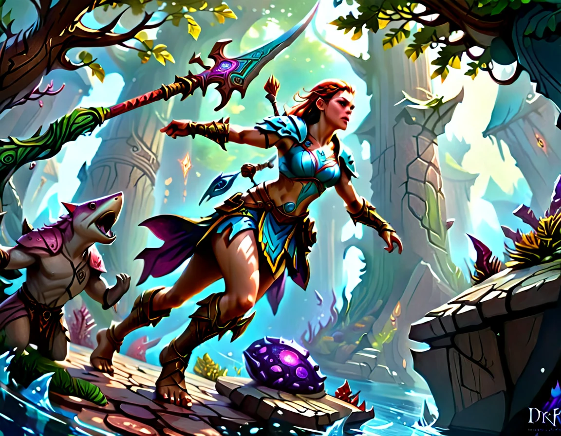 , a wide angle picture of a female human druid swimming along her pet shark, priest of underwater nature, cleric of underwater nature, art full body, ((anatomically correct)), dynamic position (intricate details, Masterpiece, best quality: 1.5) talking to a shark (intricate details, Masterpiece, best quality: 1.5) under the sea (intricate details, Masterpiece, best quality: 1.5), a human woman wearing scale armor ((intricate details, Masterpiece, best quality: 1.4) leather boots, armed with a sword, GLOWING WEAPON, thick hair, long hair, brown hair, tan skin intense brown eyes, undersea background (intense details), night undersea( (intricate details, Masterpiece, best quality: 1.5)high details, best quality, 16k, RAW, (ultra detailed: 1.5), masterpiece, best quality, (extremely detailed), dynamic angle, ultra wide shot, RAW, photorealistic, fantasy art, rpg art, realistic ), dynamic angle, (intricate details, Masterpiece, best quality: 1.5)), high details, best quality, highres, ultra wide angle, drkfntasy, DruidMagicAI