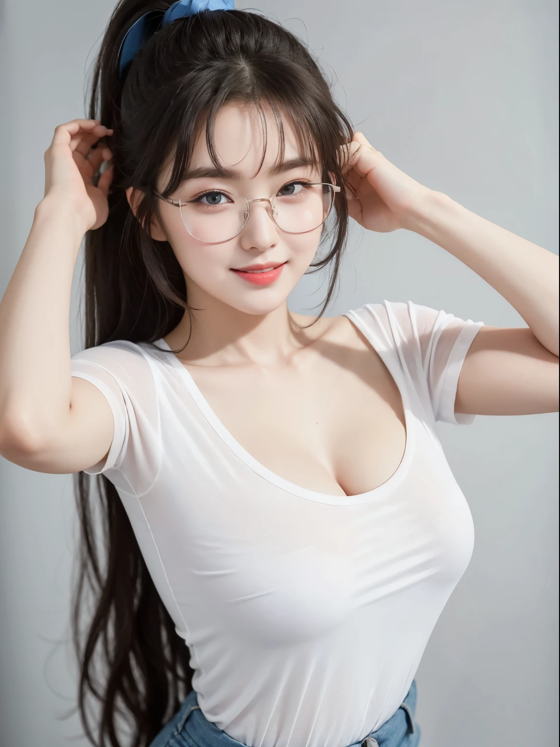 (Best quality, masterpiece, detailed), (RAW, 4k, hd images), 1 girl, , white skin, long hair, ponytail, layers hair, bangs, black hair, beautiful girl, cute girl, sweet girl, pretty girl, perfect girl, perfect body, pretty eyes, blue eyes, thin lips, (eye line, lip soft), perfect round breast, glasses(detailed frame), simple background, smile, waist, hips, tshirt lower neck, modeling pose, free style pose, random angle capture, breast cleavage
