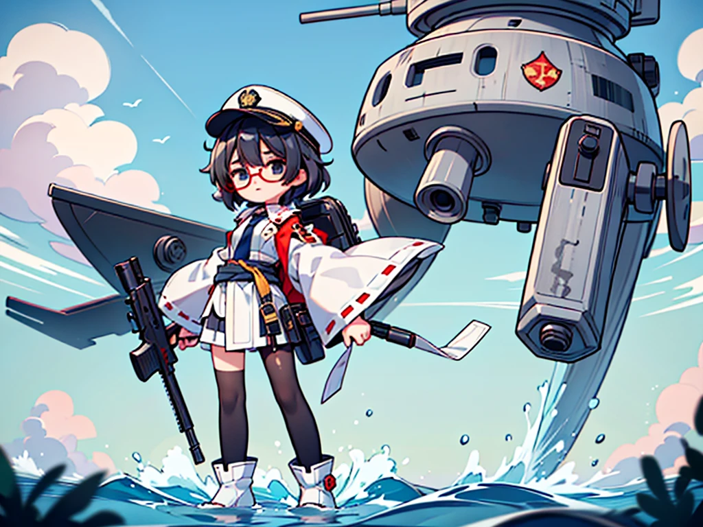 (((masterpiece, Vision))), ((((Full body of a woman with perfect flat chest、1 Female、solo、Short unkempt black hair、Tie your messy hair at the nape of your neck、white military jacket、Miko costume、black tights、Black glasses、White military cap、Cloudy black eyes、Confused eyes、Junyo-inspired emblem)))), (((Shipgirl))), ((Floating on the morning sea with both feet)), (Standing with your legs apart), (Hold the shotgun turret grip with your right hand), (Equipped with a large caliber turret with a mechanical arm extending from the waist), (Equipped with a turret on the back), (His left arm holds the grip of a triple machine gun), Shotgun shell in left arm, Bullet belt on thigh, Spreading the Machine's Wings, 2. Machine Tail, Naval base in the background,